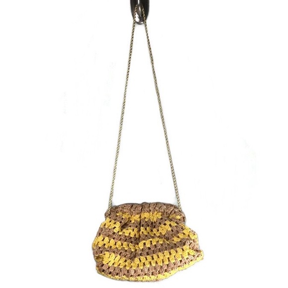 NWOT Loeffler Randall Willa Woven Raffia Ruched Yellow & Natural Clutch - Picture 5 of 13